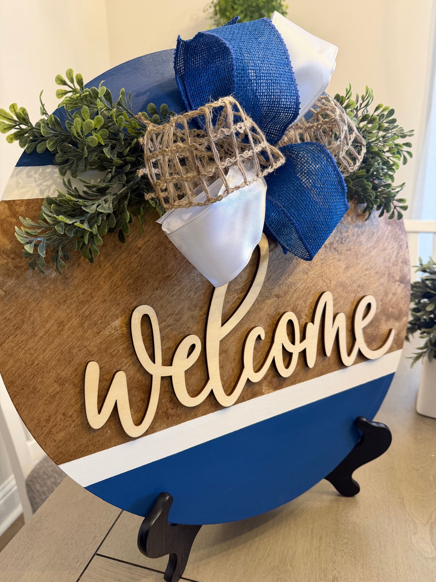 Blue and white welcome