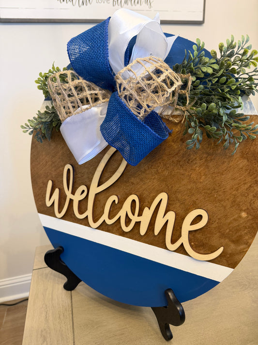 Blue and white welcome