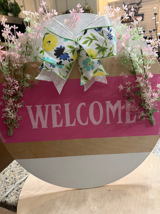 Pink and white Welcome door Hanger