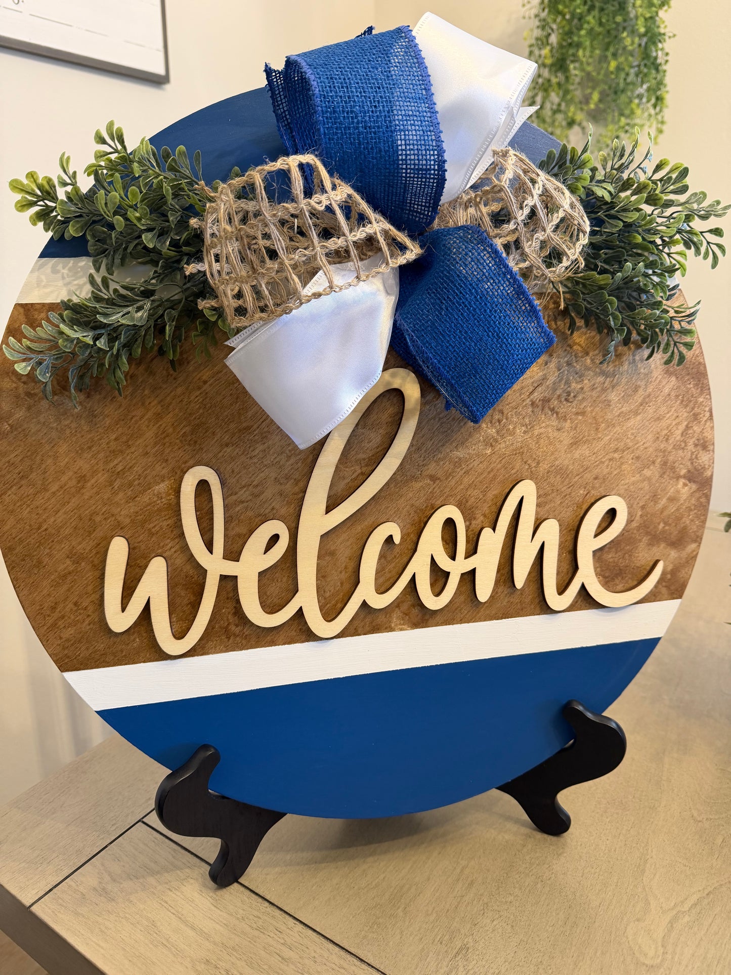 Blue and white welcome